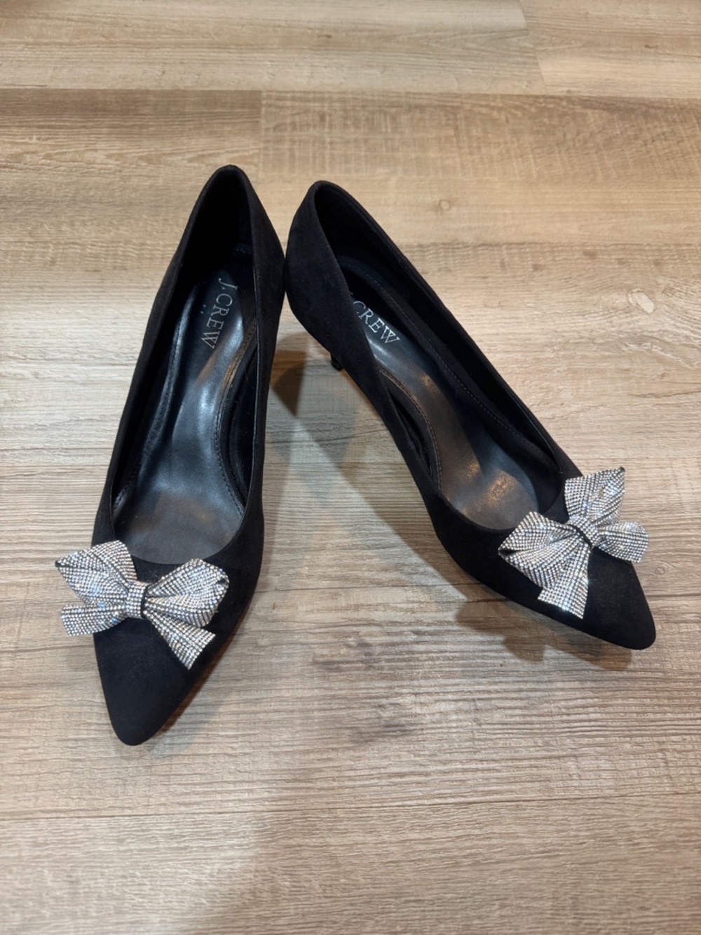 J. Crew Factory Black Suede Pointed Rhinestone Bow Low Pumps, Size 8